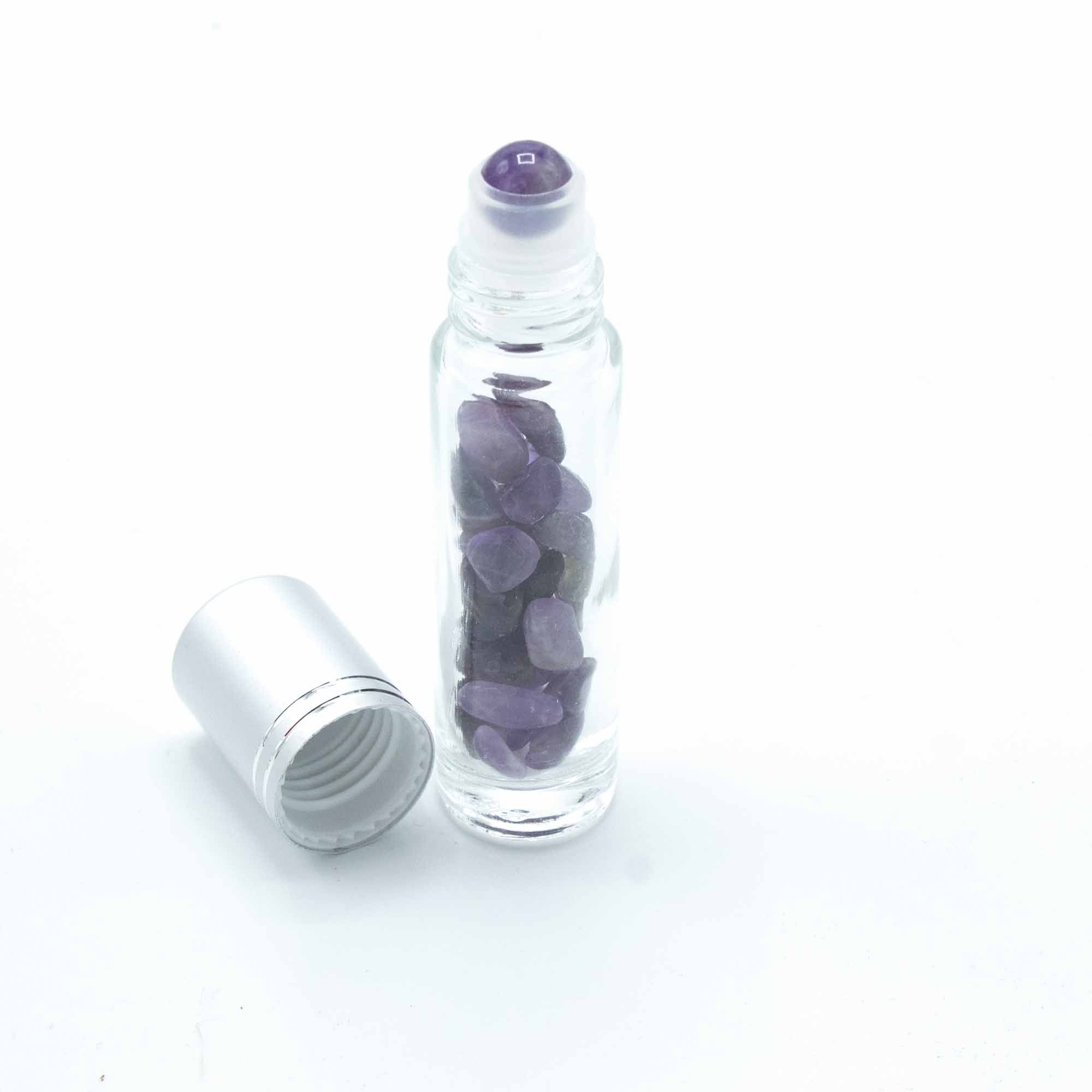 Gemstone Essential Oil Roller Bottle - Amethyst - Silver Cap + Gemstone Roller Tip for 5ml Bottle - Amethyst