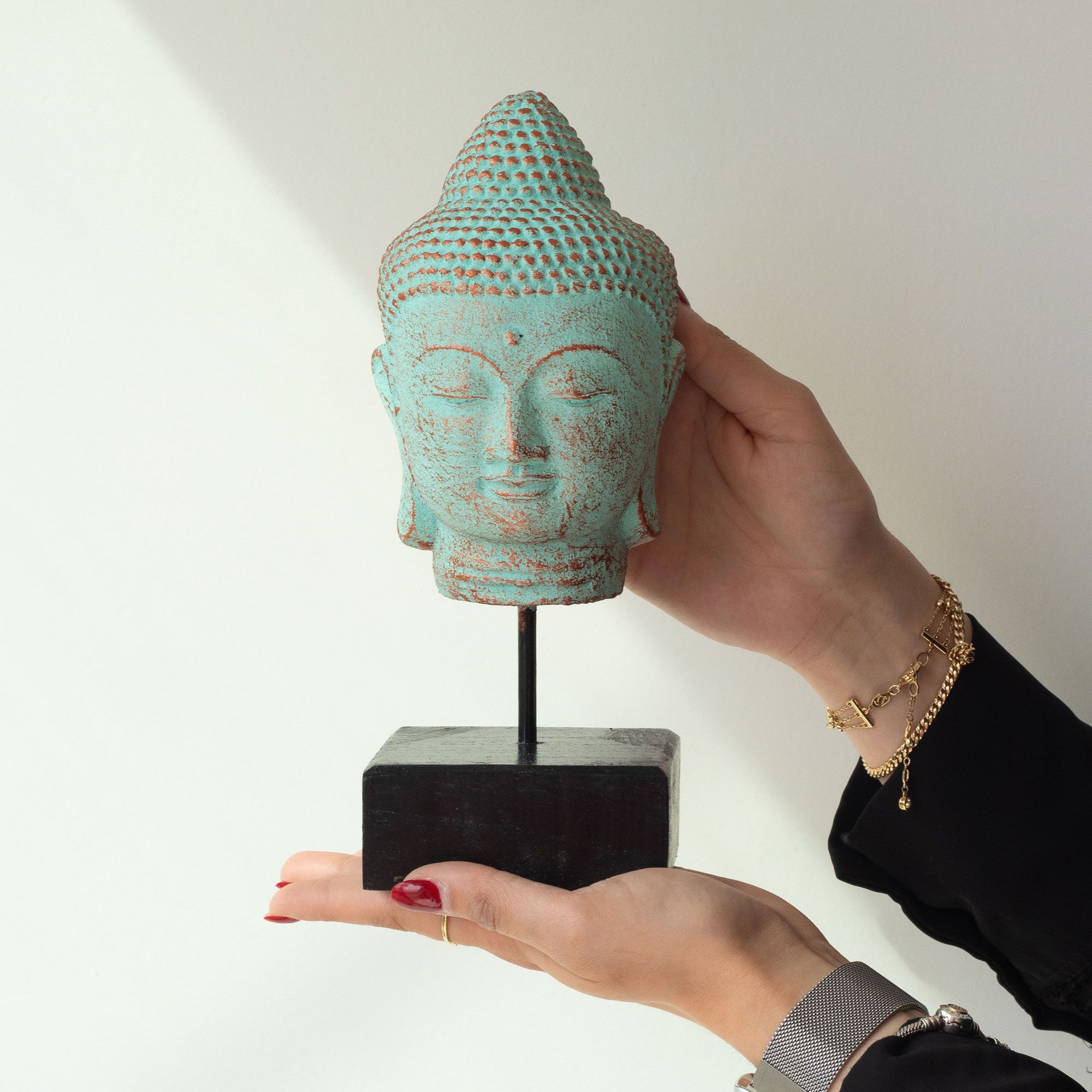 Stillness Buddha Head on Stand - Green Copper - Image 2