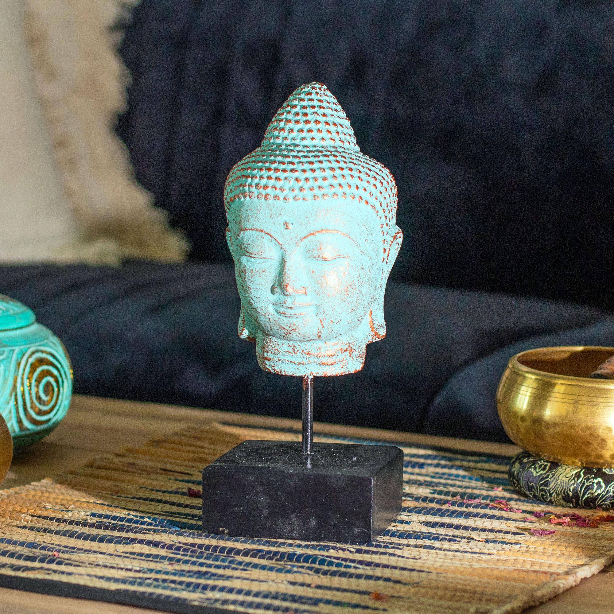 Stillness Buddha Head on Stand - Green Copper - Image 3